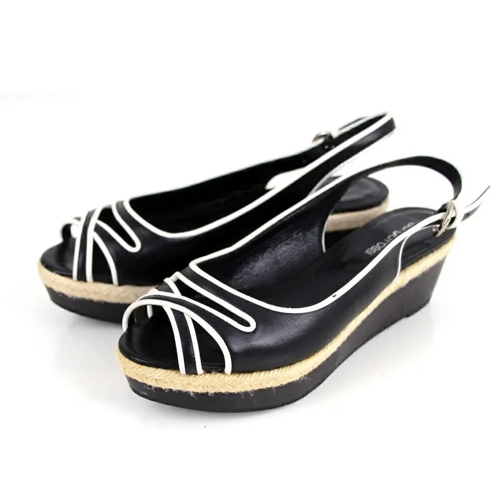 Sergio Rossi BLACK WHITE GENUINE LEATHER OPEN TOE PLATFORM SLINGBACKS SHOES 37